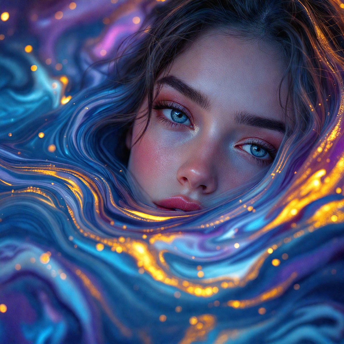 The primary subject of the image is a woman with blue eyes, who is laying down in a blue and purple water-like environment. The setting appears to be a swimming pool or a body of water with a blue and purple hue. The visual style of the image is a digital art or illustration, with the woman's eyes being the focal point. The colors and mood of the image are serene and calming, with the blue and purple tones creating a soothing atmosphere.